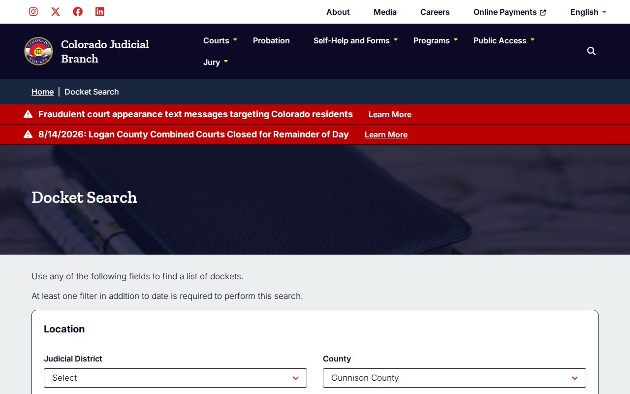 Gunnison County docket search filtered to the local courts