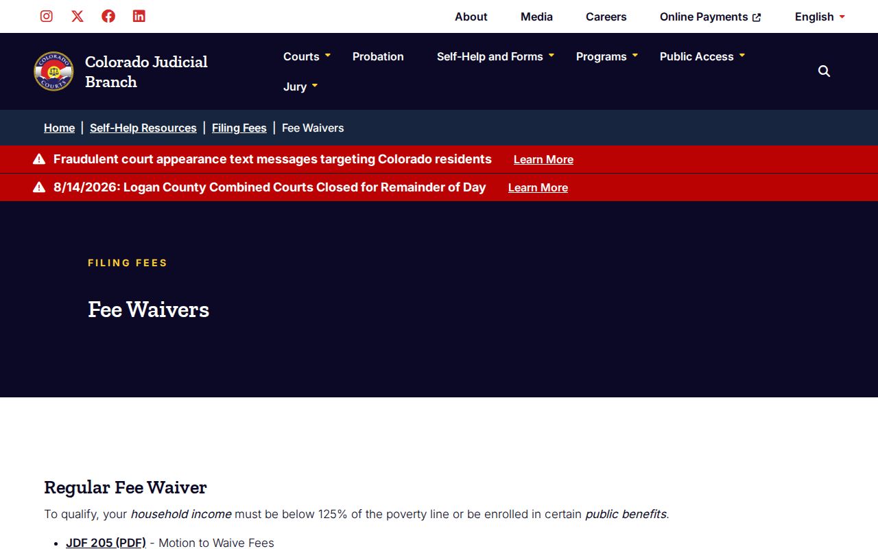Gunnison County civil docket court fee waiver source