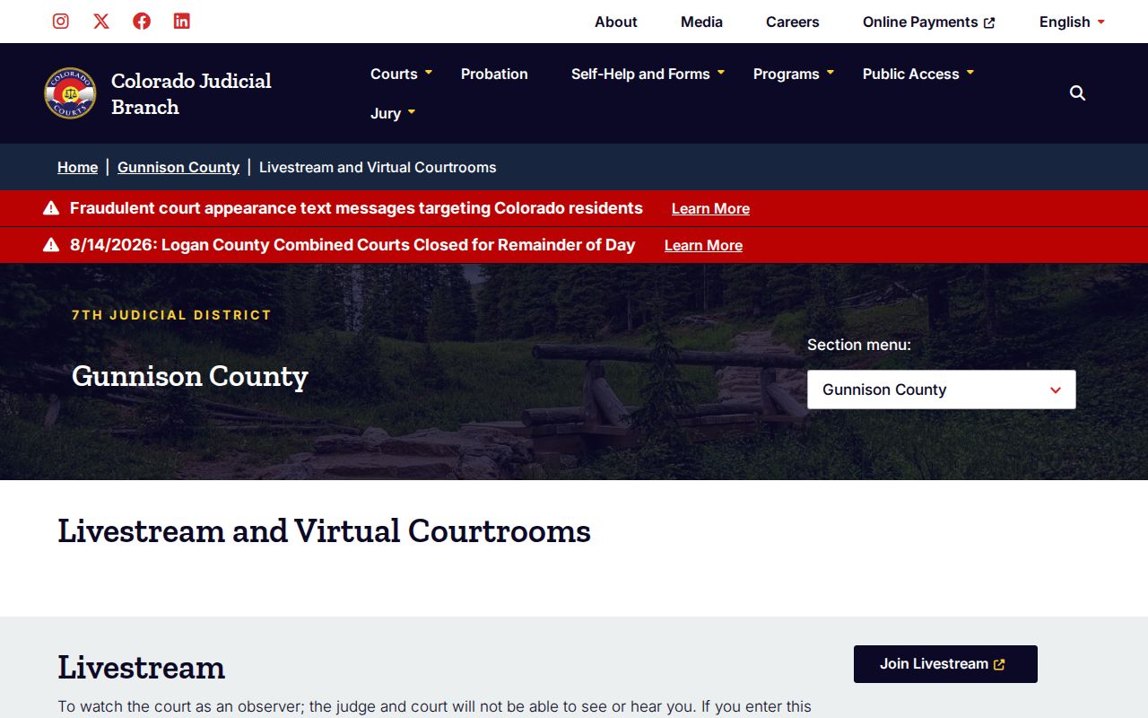 Gunnison County court schedule virtual courtroom source