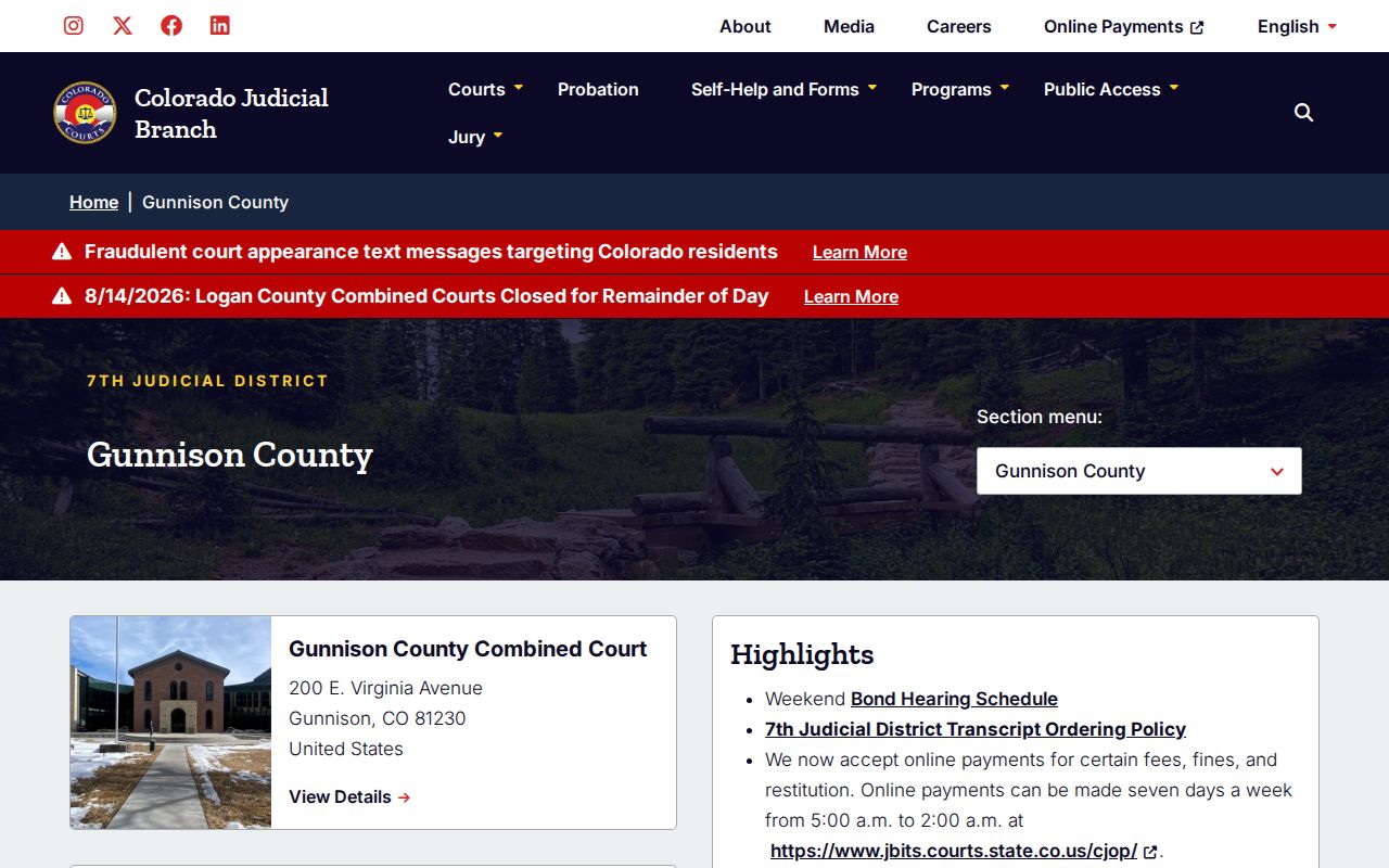 Gunnison County court docket and Combined Courts page