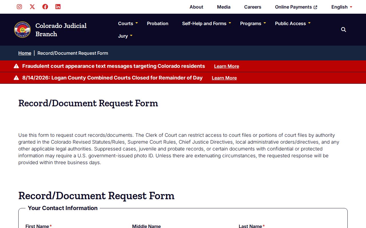 Gunnison County court docket document request form