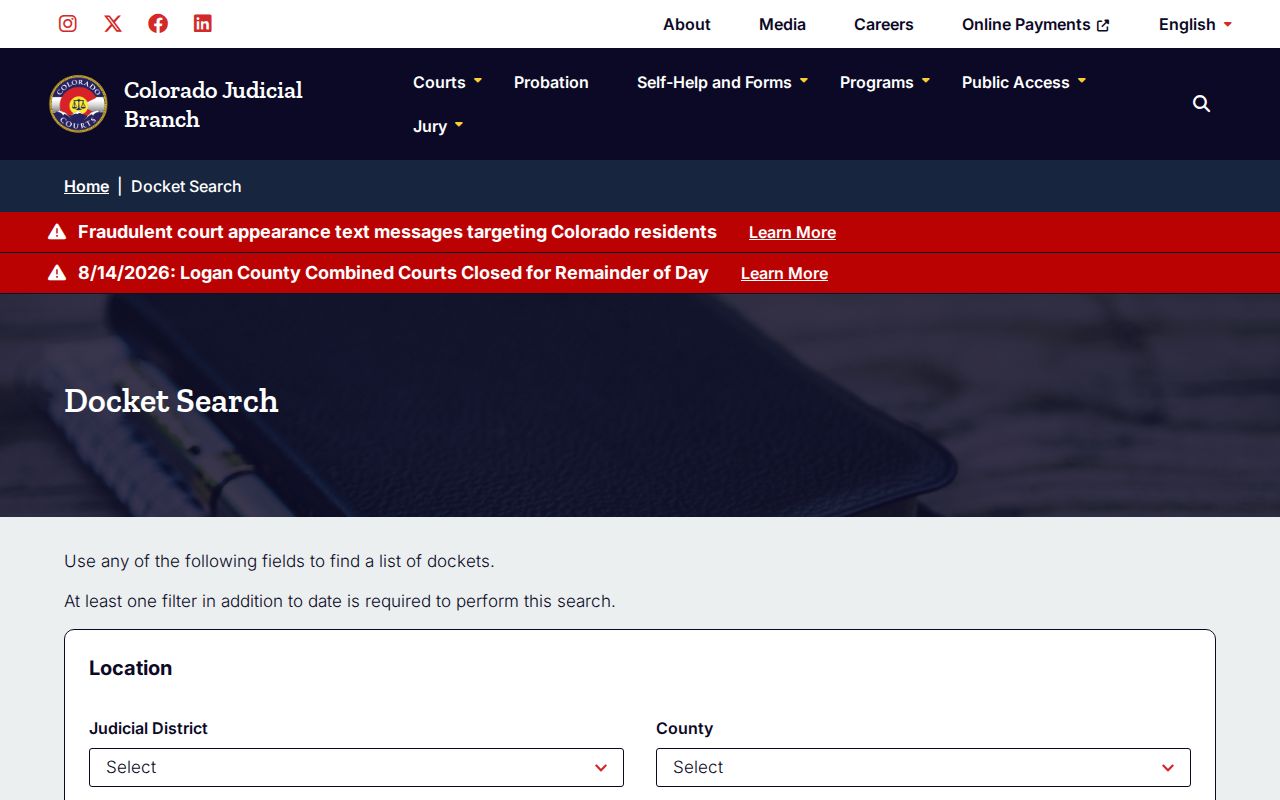 Gunnison County court docket search interface